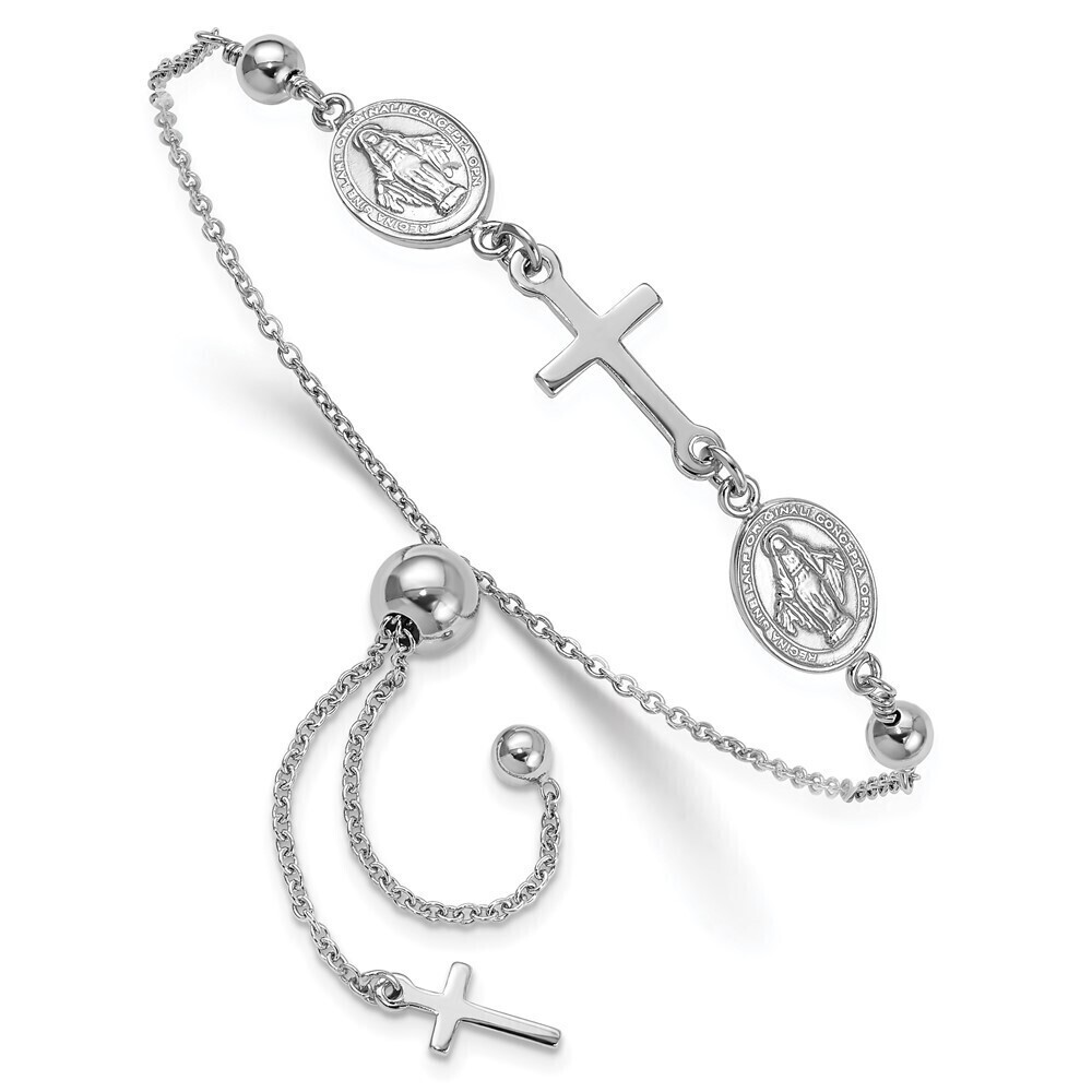 Kazi Luxury Sterling Silver Rhod-plated Cross with Medals Adjustable Bracelet
